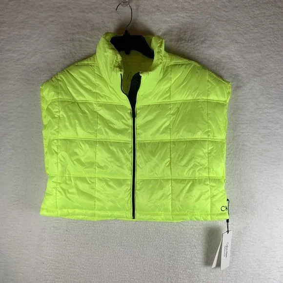 Calvin‎ Klein Puffer Vest Women's Large Highlighter Yellow Crop Performance 7579