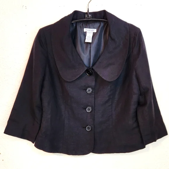 JG Hook Vintage Elegant Black Linen Blend Blazer w/ 3/4‎ Sleeves & Button Detail