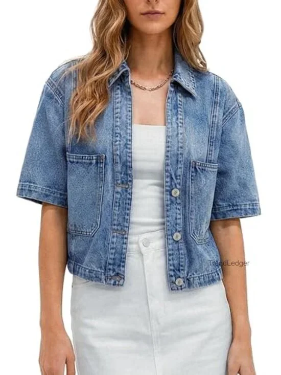 Cropped Short Sleeve Denim Jacket with Button Closure and Utility Pockets