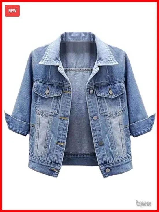 3/4 Sleeve Cropped Denim Jacket Button Down Trucker Jean Jacket Coat