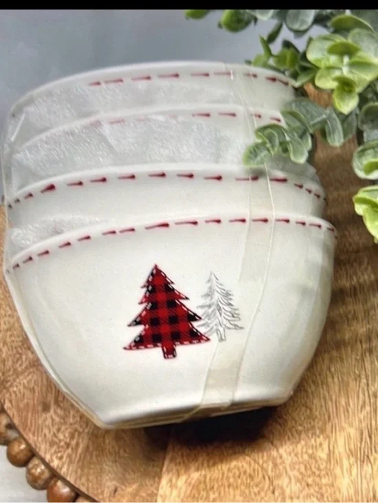 White Holiday Ceramic Serving Bowl with Red Buffalo Plaid Tree