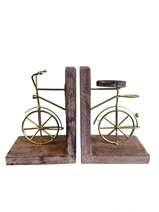 Vintage inspired Gold Metal Bicycle Bookends with Rustic Wood Base - Pair