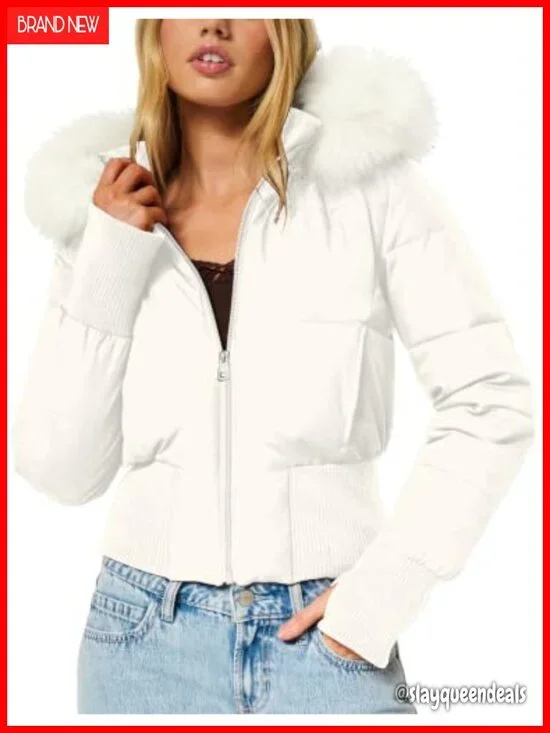 Cropped Puffer Jacket Faux Fur Trim Quilted Lightweight Winter Bomber Coat