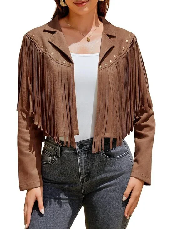Women's Dark Brown Fringe Faux Suede Leather Jackets Fashion Western Tassel Coat