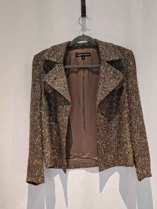 Albert Nipon Multitone Brown Metalic Tweed Open Front Blazer