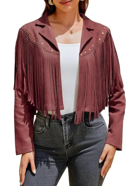 Women's Red Fringe Faux Suede Leather Jackets Fashion Fall Western Tassel Coat