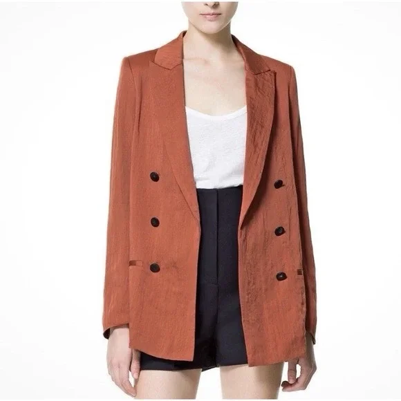 ZARA WOMAN LONG DOUBLE BREASTED JACKET‎ COAT BLAZER ORANGE RUSSET - Large