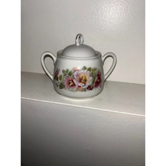 Vintage Germany Porcelain Lidded Sugar Bowl Floral Pansy Gold Trim 122