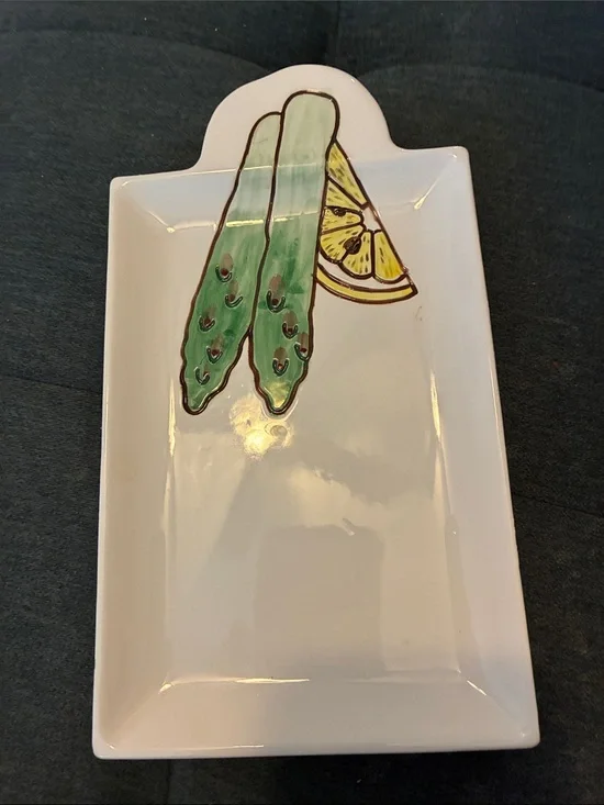 White Ceramic Serving Dish with Green Asparagus and Yellow Lemon Accent