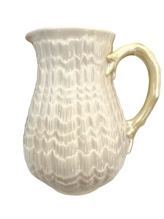 Belleek Ireland Tridacna Yellow Handle 18 Oz Milk Jug Pitcher 5th Green Mark EUC