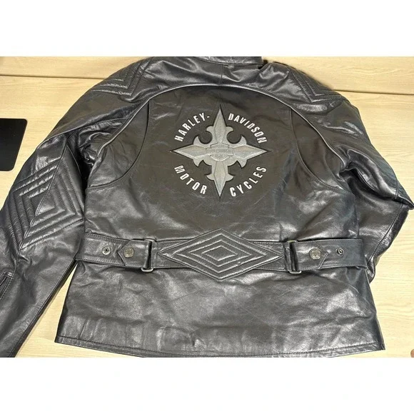 Women Harley Davidson Leather Motorcycle Jacket Med Back Embroidered Zip Quilted