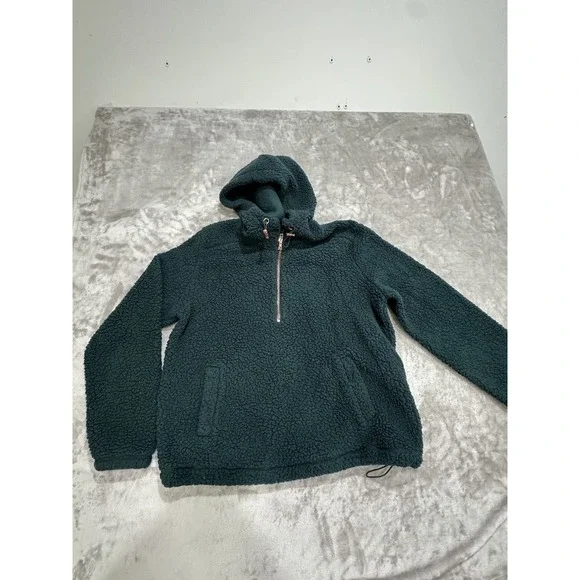 Old Navy Sherpa Pullover‎ Sweater Jacket Women's Size Small Green Hooded 1/4 Zip