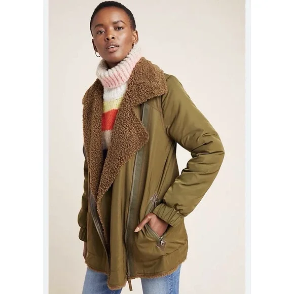 Anthropologie Sherpa Lined Jacket Sz XS‎ Joni Oversized Aviator Olive Moto Parka