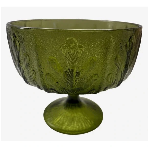 Vintage Avocado Green Glass Compote Bowl Embossed Leaf Pedestal Dish 7 Inch
