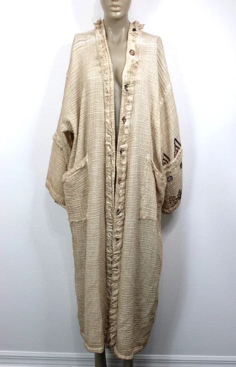 IKIKIZ Kimono Duster Women's OS Crinkle Cotton Cardigan Robe Tribal Missing Belt