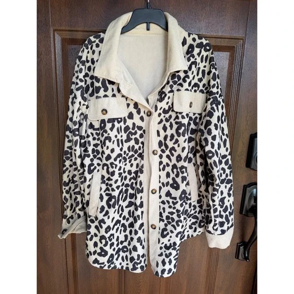Women's large leopard print fall overcoat corduroy button down shacket overcoat