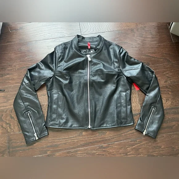 Spanx Women Moto Jacket Size Medium Faux Zip Front Luxe Black NEW
