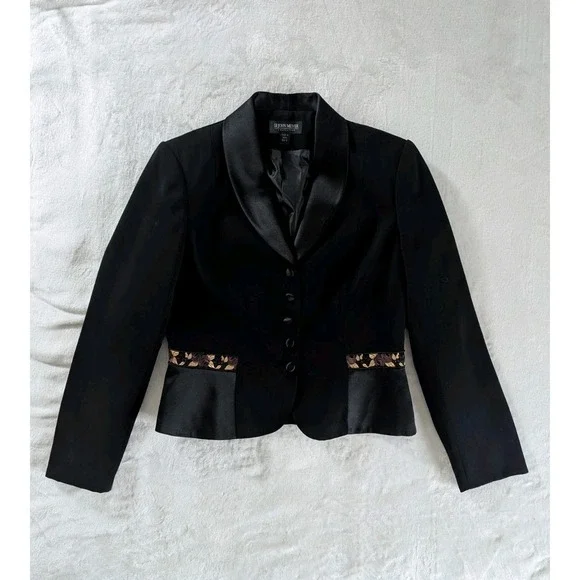 VTG John Meyer Black Mixed Media‎ Beaded Blazer Women's Size 8 Floral Office
