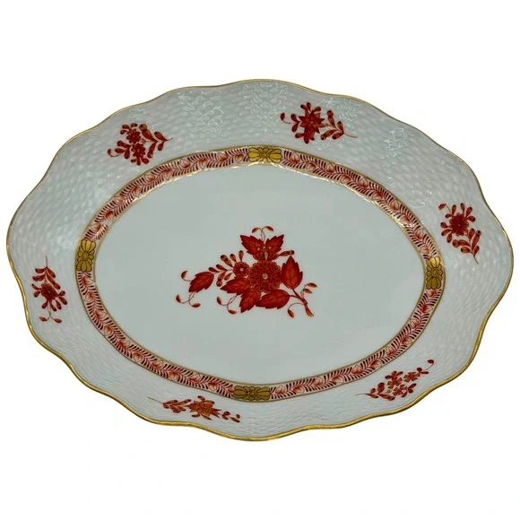 Herend Hungary Apponyi Orange Chinese Bouquet Oval Serving Dish 212/AOG‎ 8 Inch