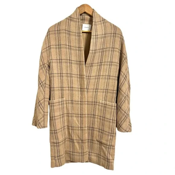 Quiet Luxury Vince‎ Plaid Wool Blend Open Front Coat Tan Black XXS V675791302