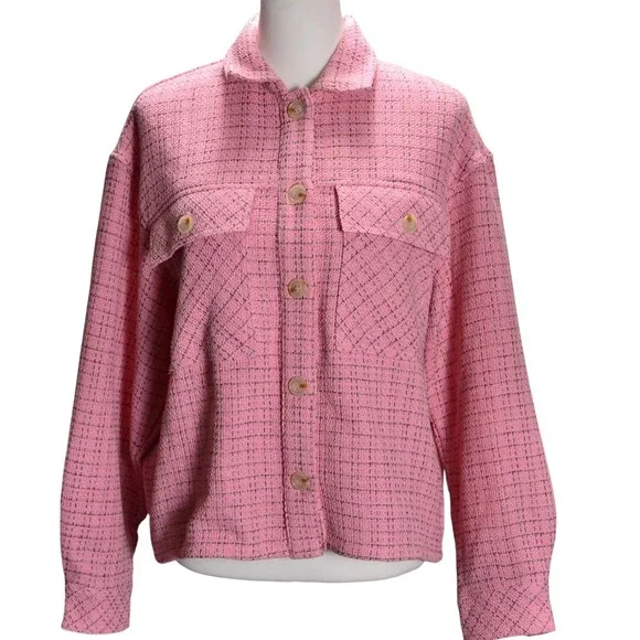 Entro Tweed Jacket Women Medium Pink Shacket  Button Front‎ Long Sleeve Granny