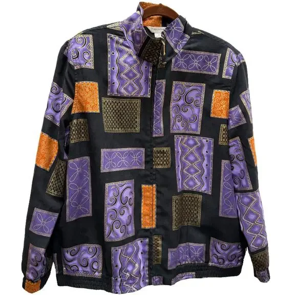 Vintage Jacket Purple Black Gold Zip Front Size PL