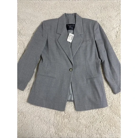 BURBERRYS Of London Wool Blazer Jacket US 14P Single Button Notch Lapel Grey NEW