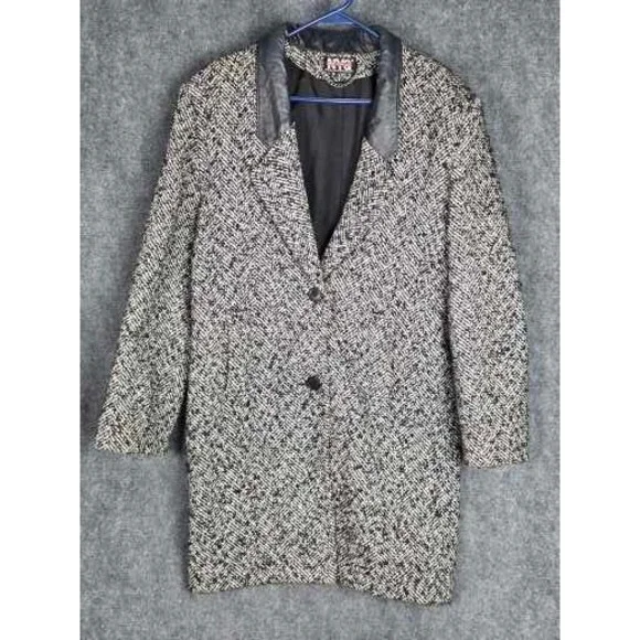 Vintage New York Girl Tweed Blazer Coat Leather Collar Chain‎ Detail Women Sz 10