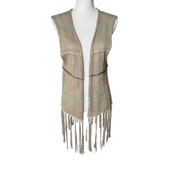 Umgee Tan Crochet Knit Fringe Vest 1XL Open Front Boho Festival *RUNS‎ SMALL