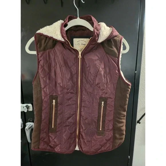Ci Sono Originals Hooded Vest Women's Sz L‎ Burgundy/Brown , Faux Sherpa Lining