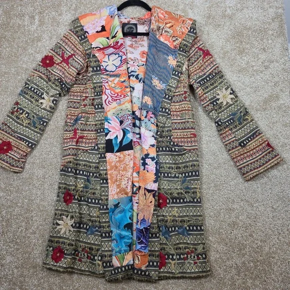 Biya Johnny Was Jacket Patchwork Floral Embroidered Boho Hooded Coat Medium
