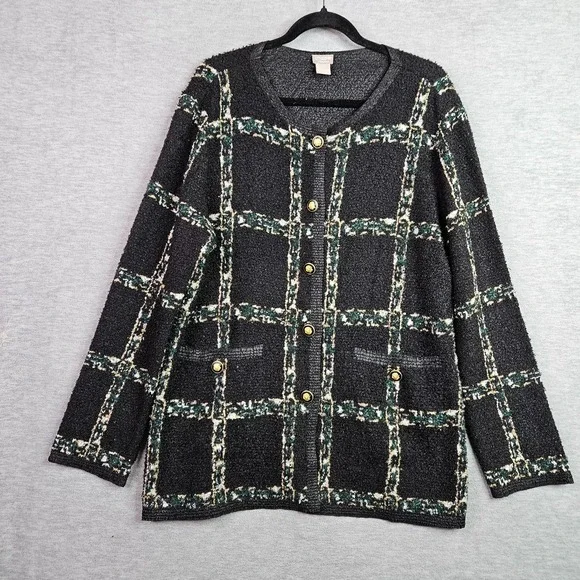 Chico's Travelers Women's Sz 2 12/14 Black Plaid Textured Cardigan Jack