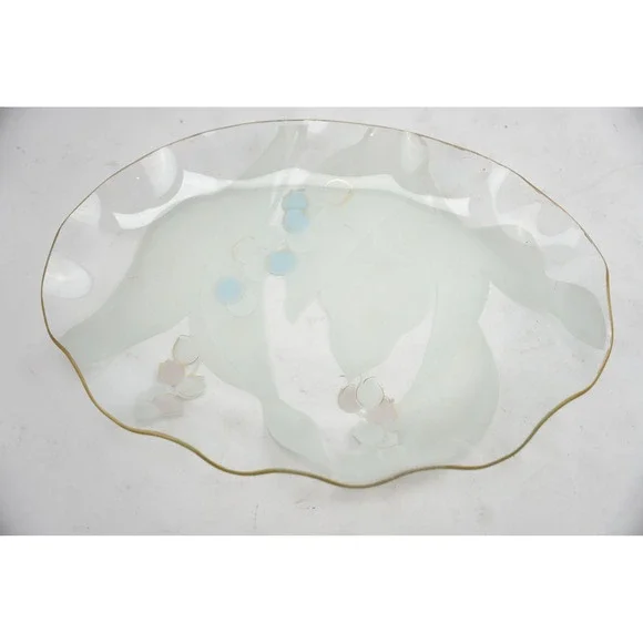 Vintage‎ Frosted Glass Floral Serving Platter Gold Trim Scalloped Edge