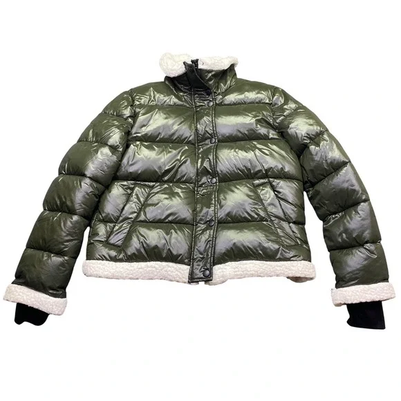 7 For All Mankind Womens Olive Green Shiny Puffer Jacket Faux Fur Trim Size M