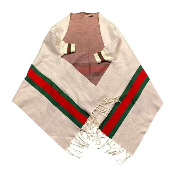 Burberry London England Reversible Poncho Cape Cream Red Green Stripe