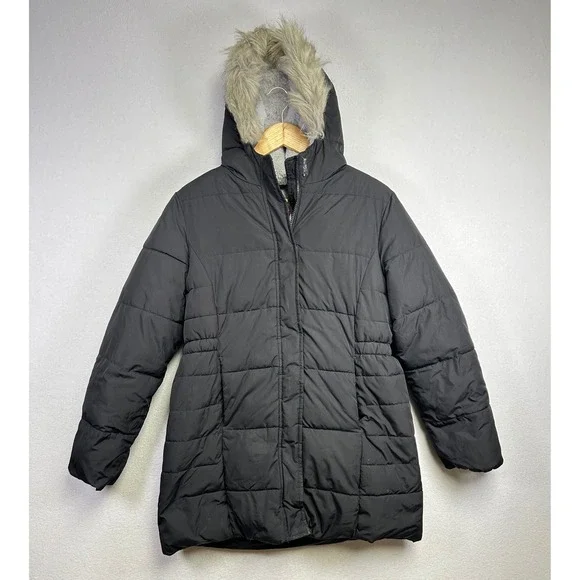 Childrens Place Girls Black Puffer Coat‎ Faux Fur Hood Lined Winter Warm XXL 16