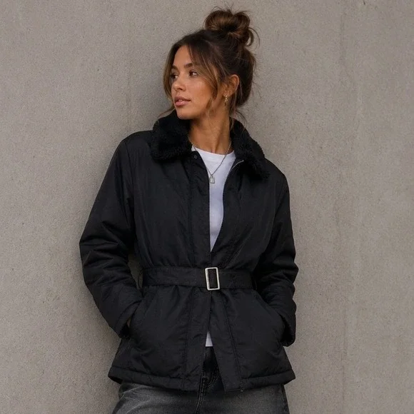 Polo Jeans Co. Ralph Lauren Coat Women's Large Black Belted Faux Fur‎ Collar