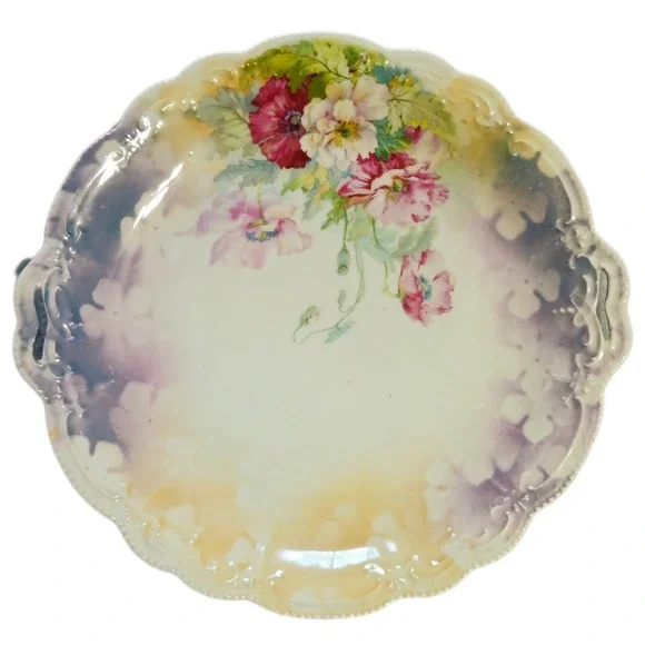 Antique Hand Painted Porcelain Poppy Floral‎ Cake Plate Scalloped Handle 10.25in
