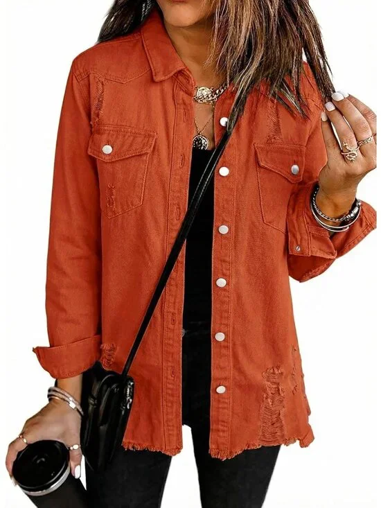 Women's Camel Denim Button Down Oversized Distressed Boyfriend Jean Jacket
