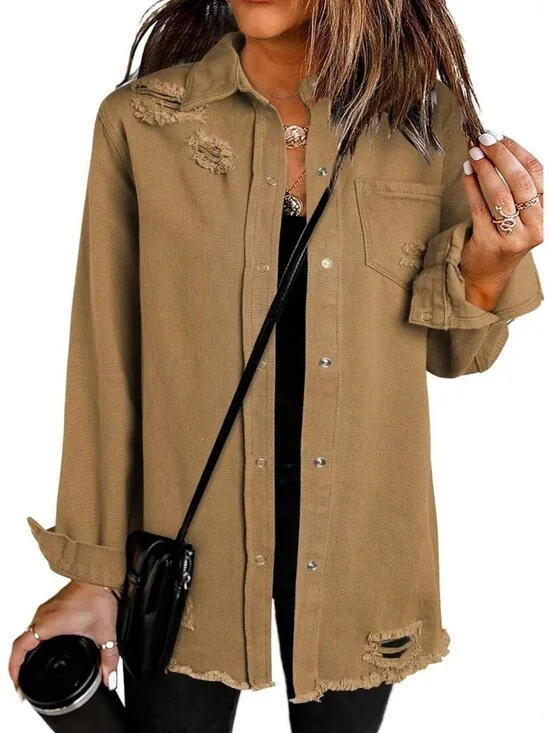 Women's Brown Denim Button Down Oversized Distressed Boyfriend Jean Jacket
