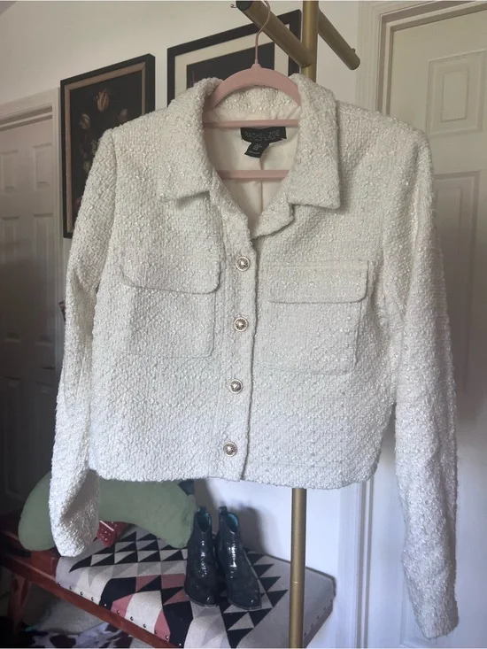 Rachel Zoe Ivory Bouclé Tweed Pocket Gold Button Jacket MED NWOT