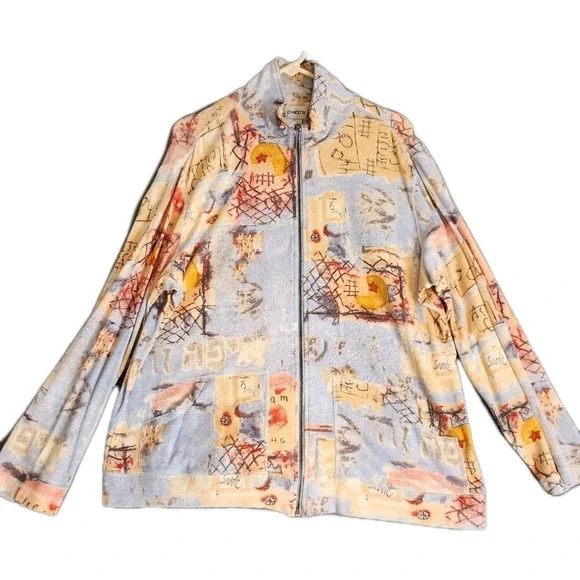 Chico's‎ Jacket Oversized 100% Cotton Primitive Print Zippered Women's Sz 3 (XL)