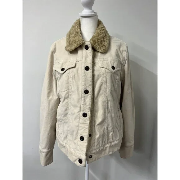 Vtg‎ GAP Women’s Large Ivory Insulated Sherpa Lined Trucker Velour Y2K Jacket