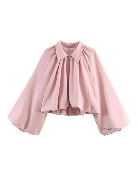 Puffed Sleeve Bomber Jacket Trendy Lapel Collar Zip Up Cropped Loose Fit