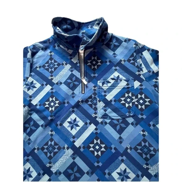 Lands' End Serious Sweats Women's L 14/16 Blue 1/4 Zip Geometric Pullover‎