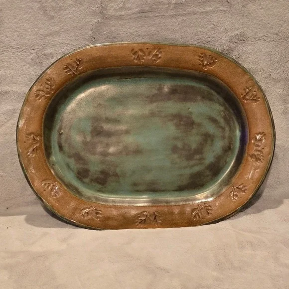Studio Pottery Handmade Oval Platter Turquoise Glaze Embossed Leaf Brown Rim 14