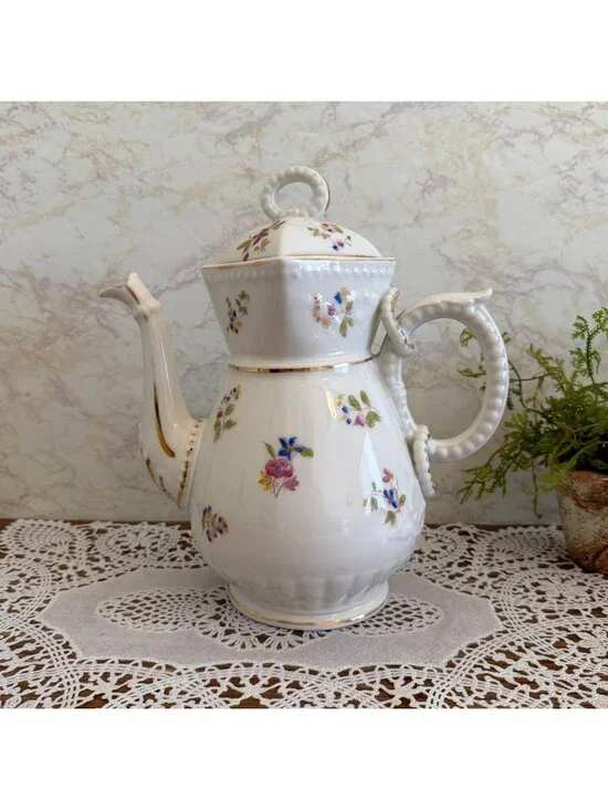 Antique Victorian Ironstone Chocolate Pot Lidded Coffee Server Floral Gold 10.5