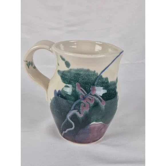 Studio Pottery Hand Painted Abstract Floral Stoneware Pitcher Cream Green Purple