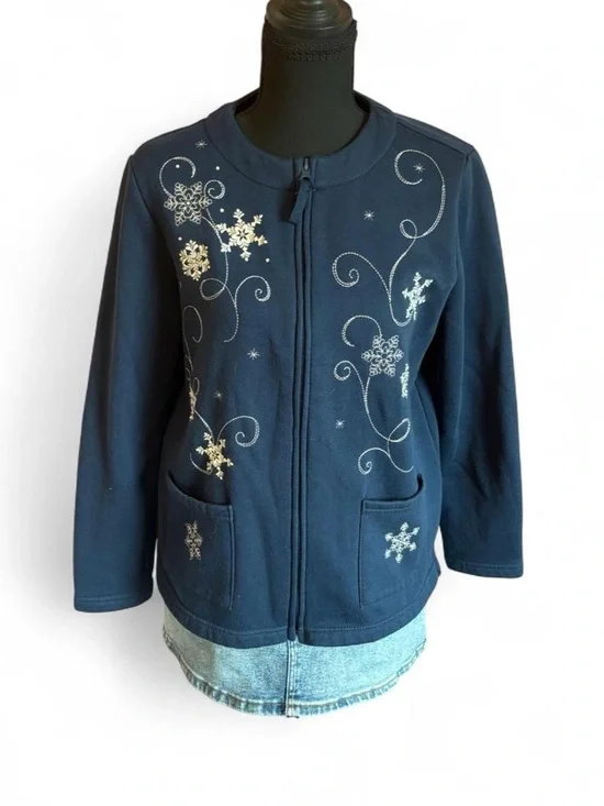 Breckenridge Women's Navy Embroidered Zip-Front Jacket, Size PM