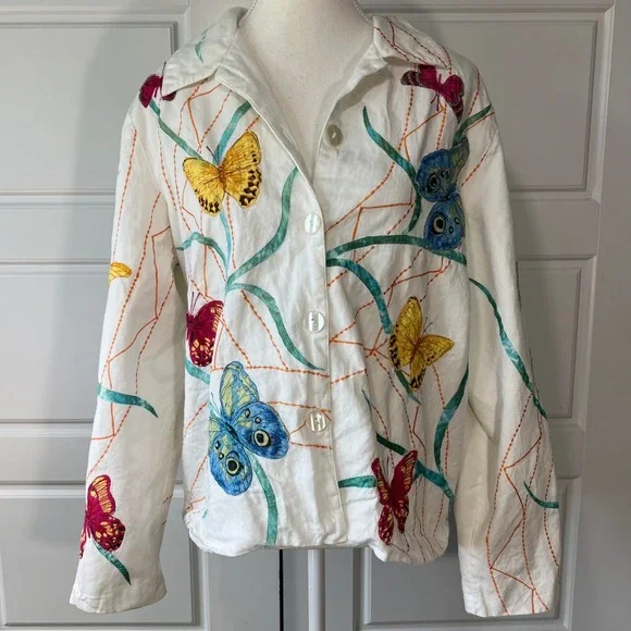 Hona To Be Butterfly Embroidered Button‎ Down Cotton Jacket - Women's Large